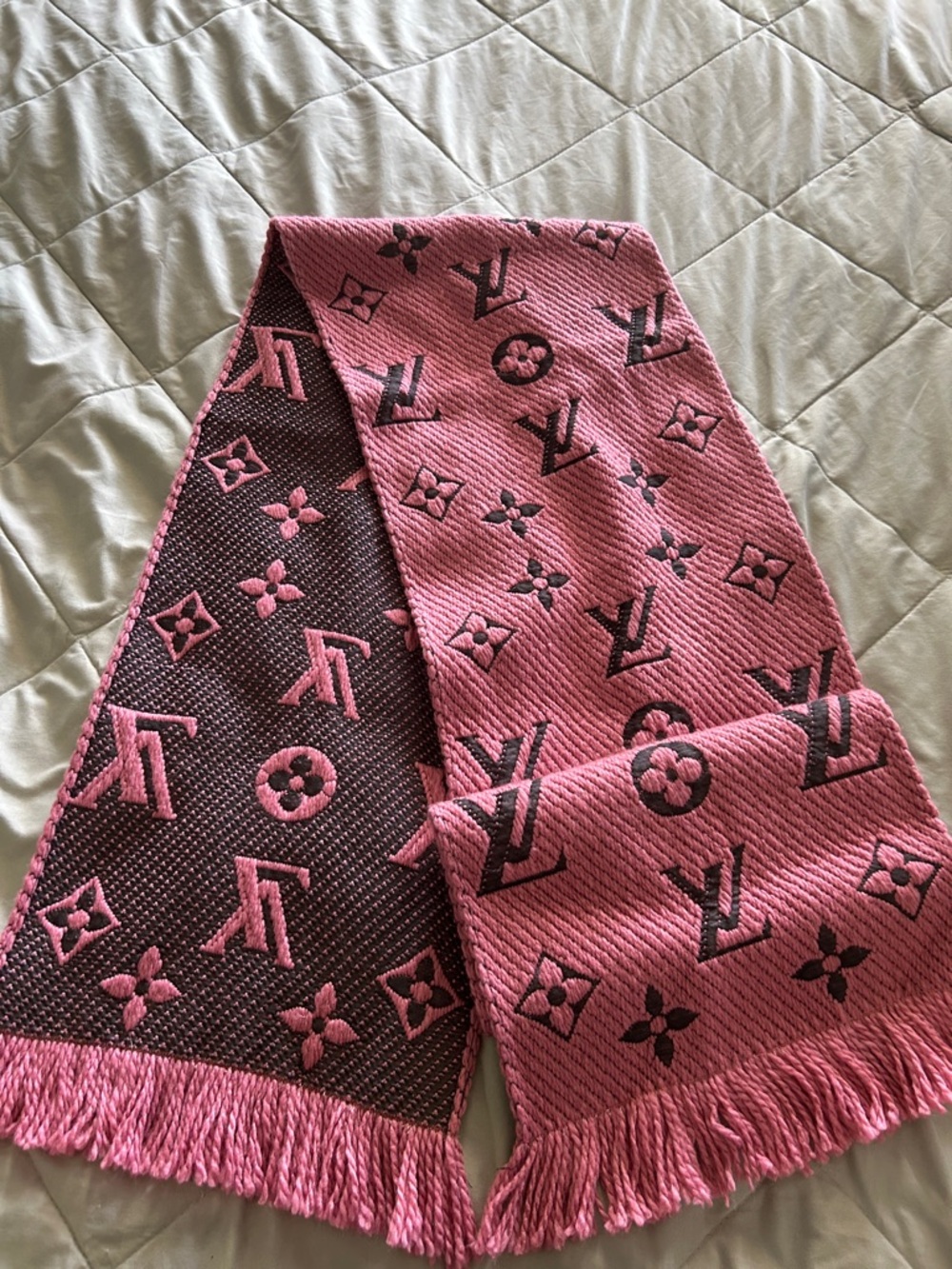 LV Initials Pink and Dark Gray Knit Fashion Scarf